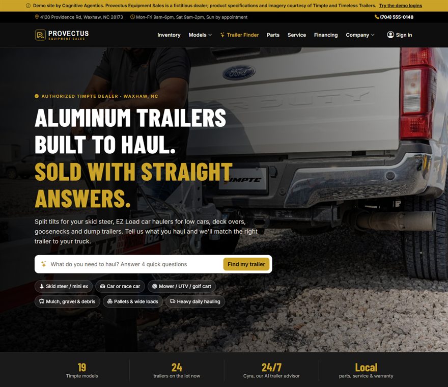 Provectus Equipment Sales demonstration website with an aluminum trailer hero and the Cyra trailer finder